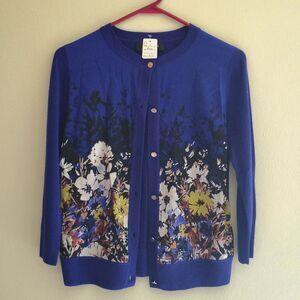 St. John sweater silk knit floral black royal blue cardigan